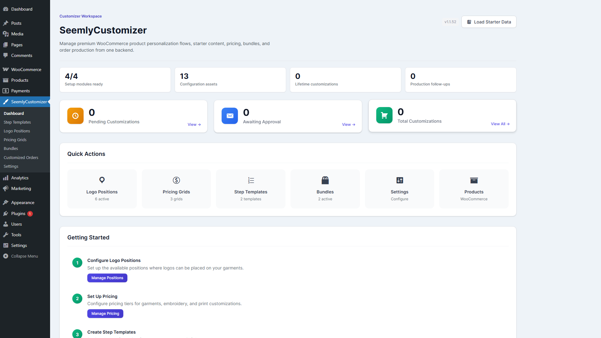 SeemlyCustomizer admin dashboard