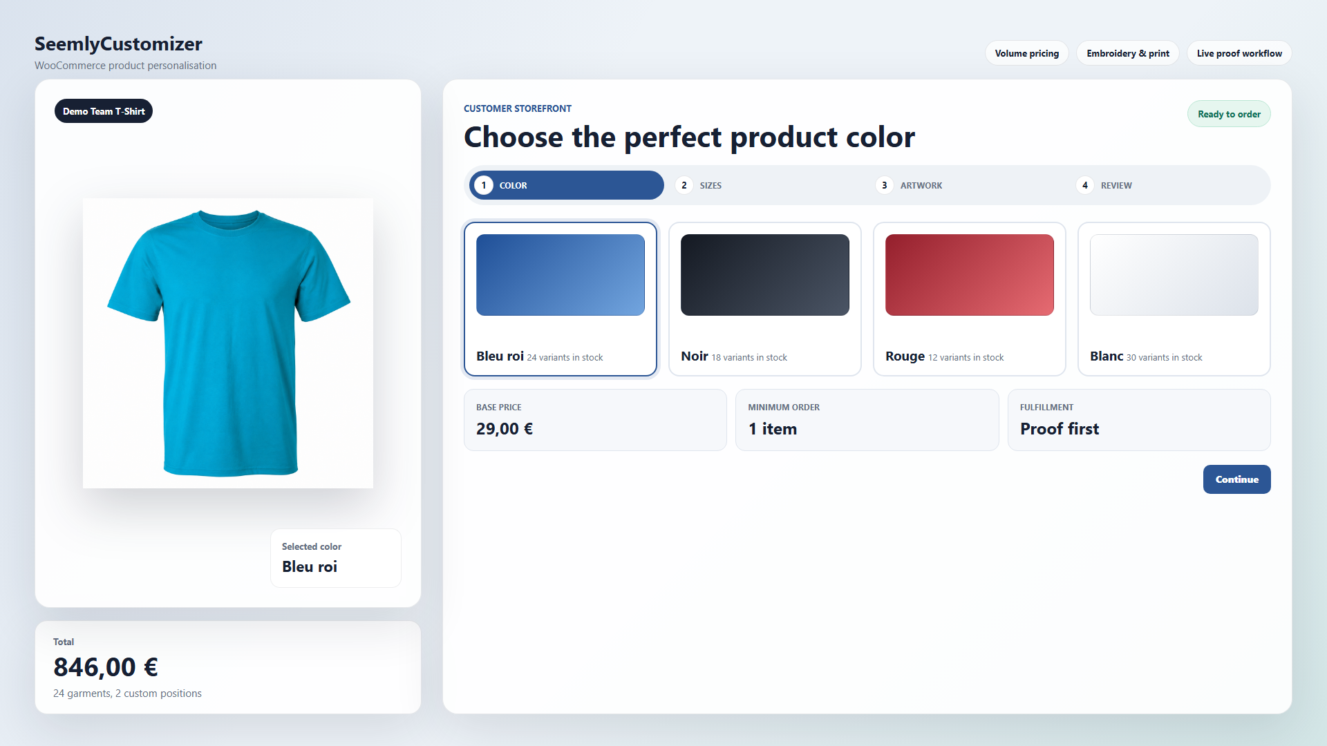 Frontend color selection in SeemlyCustomizer