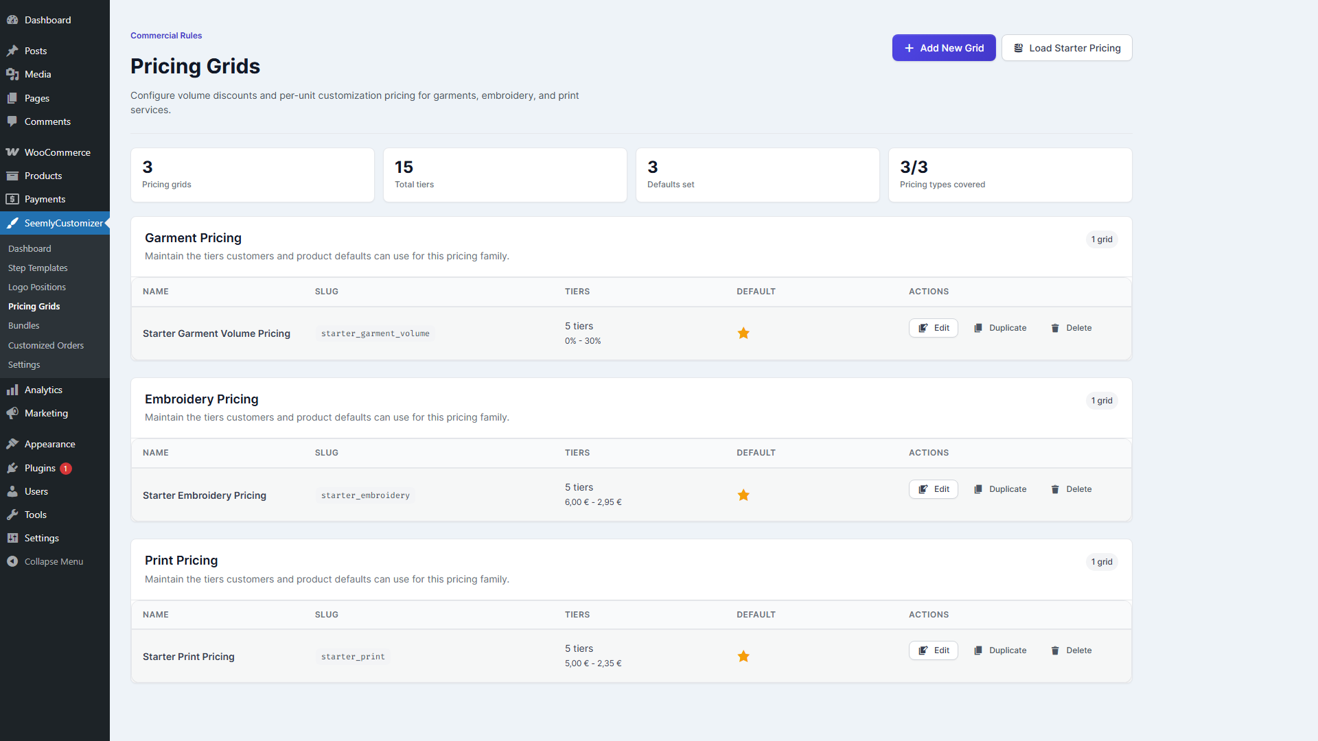 Admin pricing grids