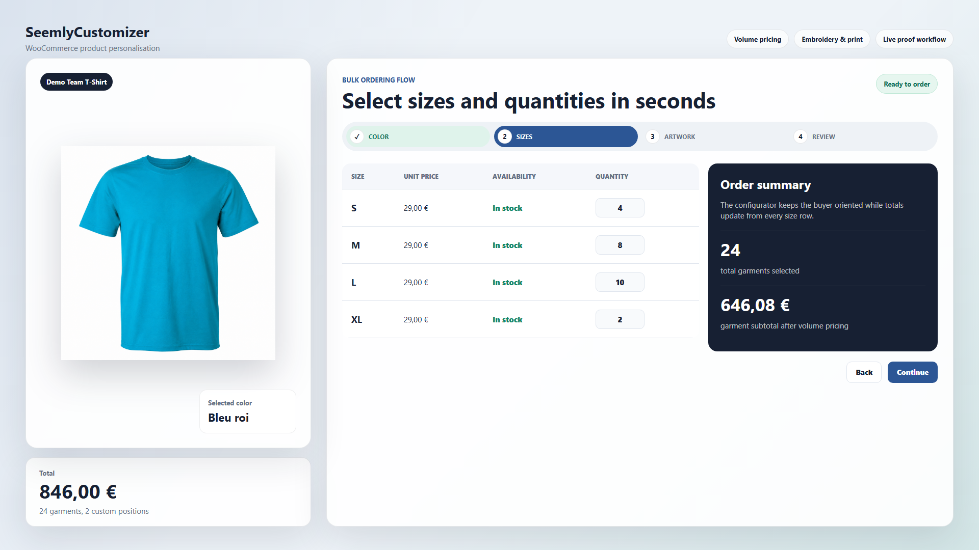 Size and quantity selection