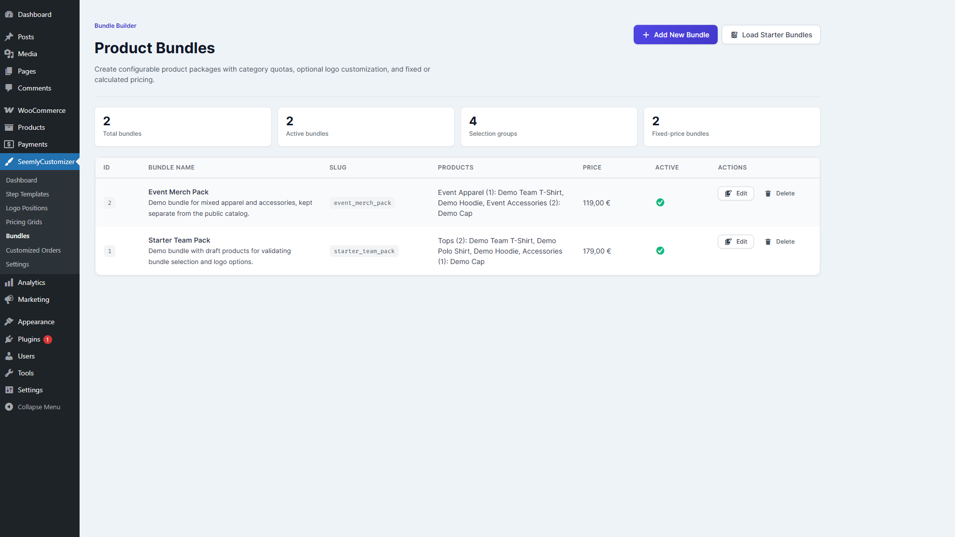 Admin bundle configuration screen