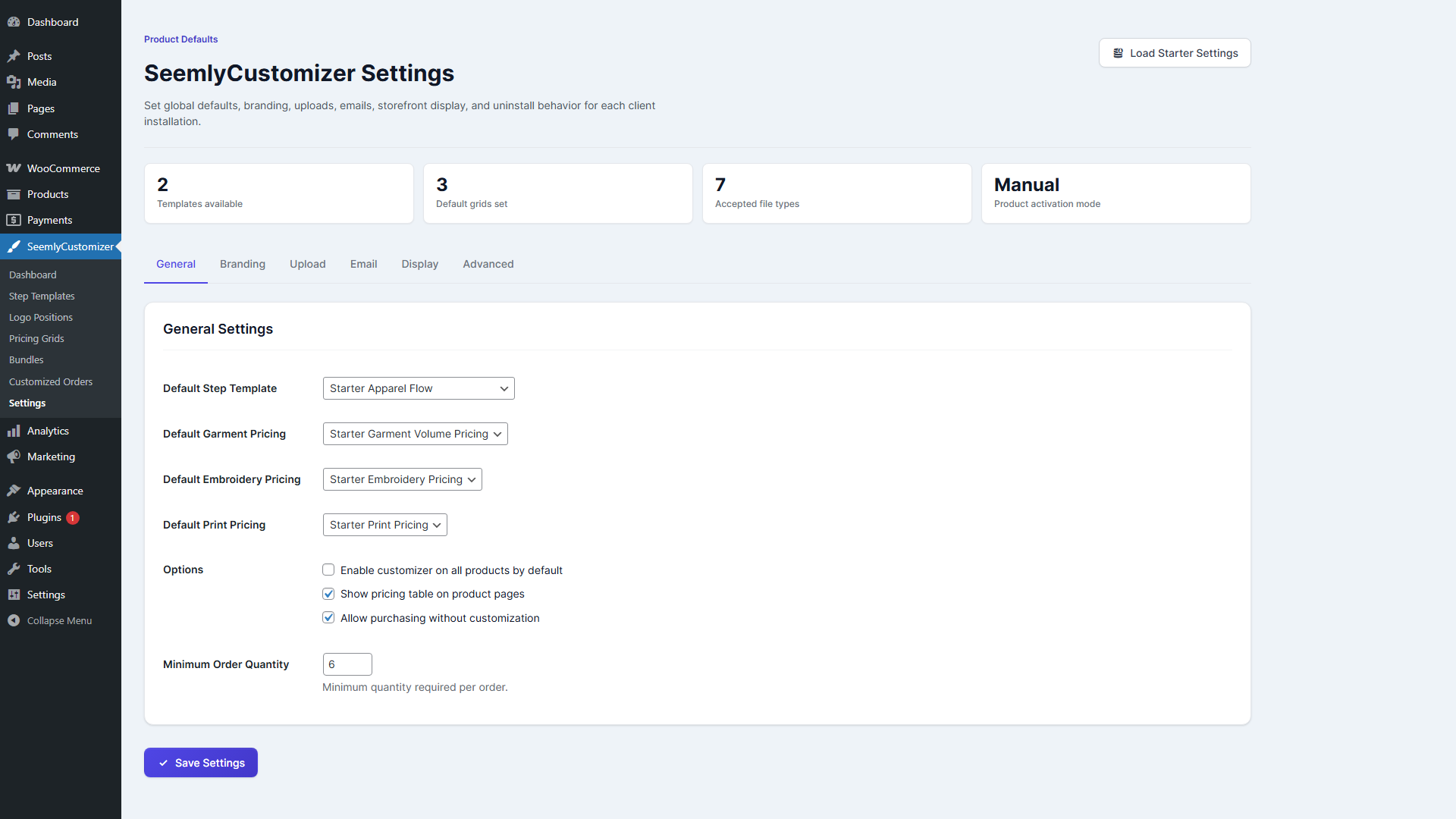 SeemlyCustomizer plugin settings screen