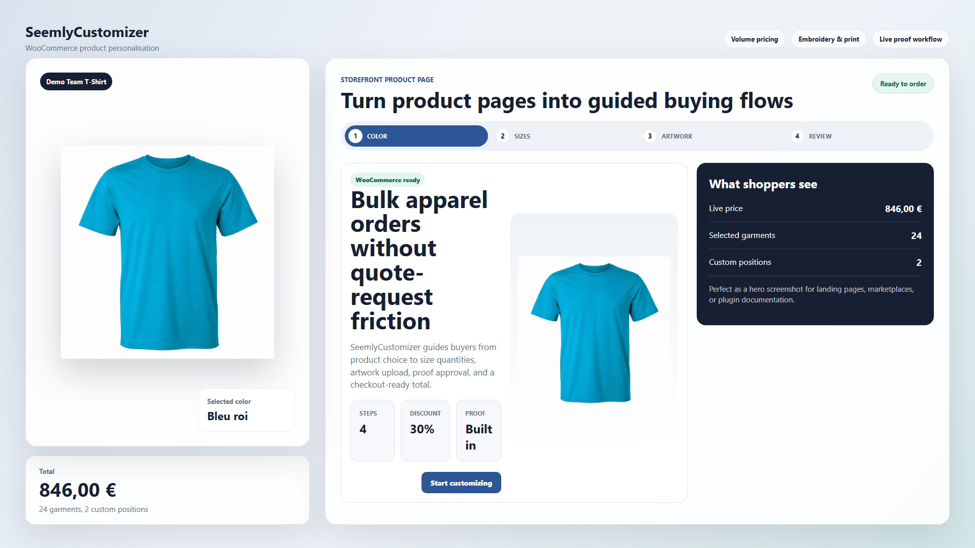WooCommerce product page hero with SeemlyCustomizer enabled